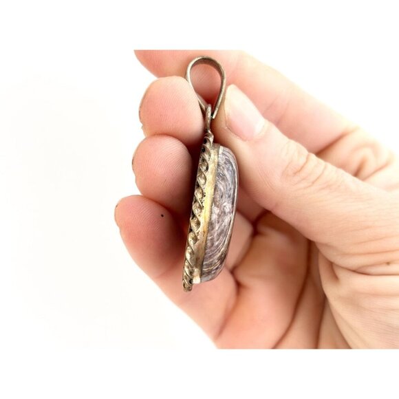 Dark Charoite Gemstone Rope Framed Bezel Set Sterling Silver 925 Vintage Pendant - Picture 4 of 10